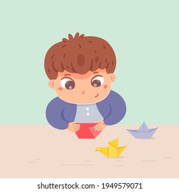 Boy Making Origami In Art And Crafts Class. Little Child Folding Paper Into Bird, Ship, Sitting At Desk In School Classroom. Creative Activities With Tools Vector Illustration.