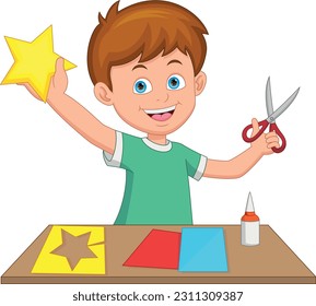 boy making paper crafts on white background