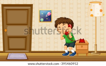 Boy making phone call at home illustration