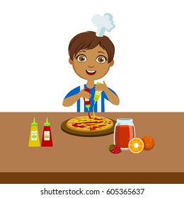 Boy Making Pizza, Cute Kid In Chief Toque Hat Cooking Food Vector Illustration