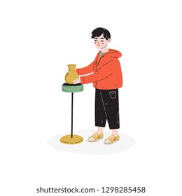 Boy Making Pots, at Pottery Workshop, Hobby, Education, Creative Child Development Vector Illustration