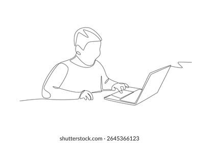 Um menino está fazendo um programa com um laptop. Crianças hobbies conceito desenho de uma linha