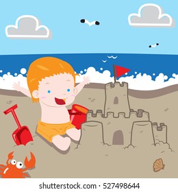 Boy making sand castle in the beach with happy expression vector stock