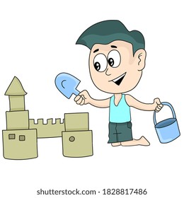 niño está haciendo castillo de arena. pegatina de ilustración de dibujos animados