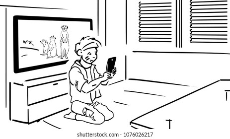 The boy making selfie with suricates on the TV screen at home. Black and white vector sketch. Simple drawing.