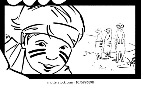 The boy making selfie with suricates in the wild. Black and white vector sketch. Simple drawing.