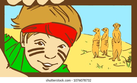 The boy making selfie with suricates in the wild. Cartoon colorful vector sketch.