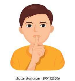 Boy making a shushing with finger on lips, illustration vector cartoon