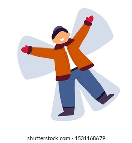 Boy making snow angel, laying on snowy play ground in red jacket trimmed with fur. Playing outdoors during winter holidays vacation. Childhood memories. Vector illustration, white background.