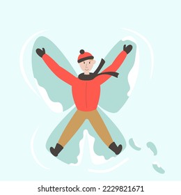 boy making snow angel on snow. winter games. vector illustration