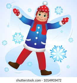 Boy making a snow angel. Vector illustration.