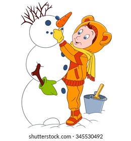 Boy making snowman. Cartoon character isolated on white background. Colorful design for kids activity book, coloring page, colouring picture. Vector illustration for children.