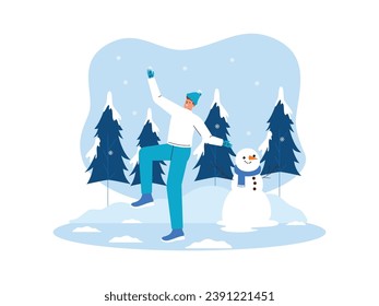 Boy making snowman and having fun enjoying falling snow, winter vector illustration.