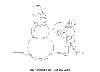 Boy making a snowman. Winter holiday concept one-line drawing