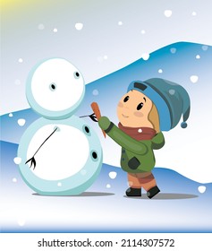 
boy making a snowman in winter snow mountains