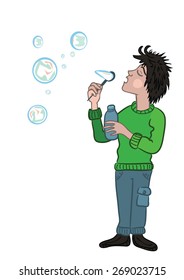 boy making soap bubbles on white background