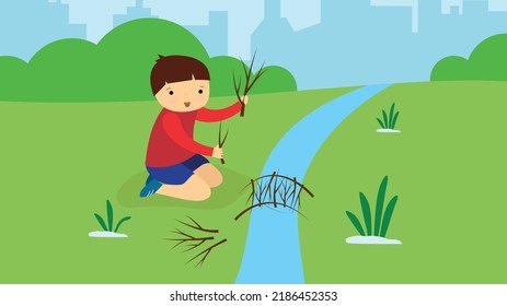 boy making a stick bridge