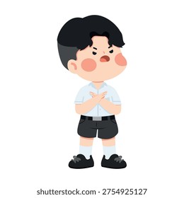 boy making a stop hand gesture with an angry expression representing refusal warning conflict and emotional reaction