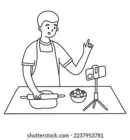Boy making video cooking tutorial, man blogger bakes on camera, rolling dough, food blog icon, vector doodle illustration of phone stand, kitchen utensils, isolated outline clipart on white background