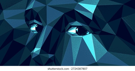 Menino rosto masculino baixo poli ilustração vetorial, papel de parede escuro com rosto e olhos olhando para a câmera, inteligência artificial AI conceito, psicologia e personalidade.