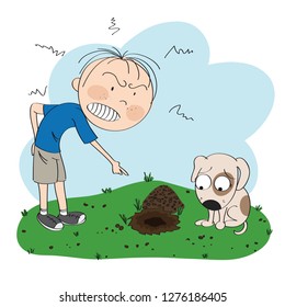 Boy or a man angry with his dog, pointing his finger at the digged hole in the lawn in his garden, puppy is looking sorry for his bad behavior  - original hand drawn illustration