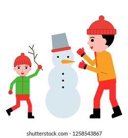 boy and man build and make snowman flat design winter character and activity