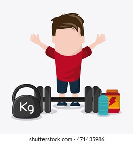 boy man cartoon weight lifting protein bottle healthy lifestyle gym fitness icon. Colorful design. Vector illustration