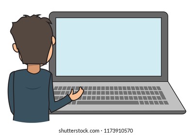 Boy man casual looking at blank empty laptop screen put your contents image products services