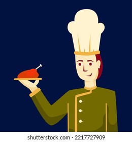 boy or man as chef serving chicken or turkey meat. flat vector illustration, suitable element for poster, banner, app design for restaurant and hotel