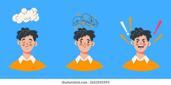 Boy man with different emotions flat cartoon graphic design illustration set 