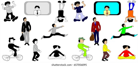 Boy and Man drawings depicting daily activities around work life balance - Work, yoga, running, watching and walking