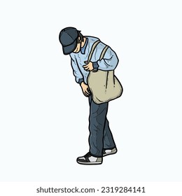 Boy or man facing down with keep his sling bag isolated on white background vector modern illustrations
