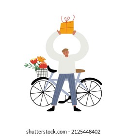 Boy or man in flat style holding a gift box above his head, bicycle with flowers in the basket behind him, isolated vector illustration