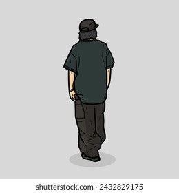 Boy or man or guy facing back side with cool style cap oversize tshirt pants on grey Background vector modern illustration