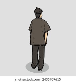 Boy or man or guy facing back side with shoes cap oversize tshirt pants on grey Background vector modern illustration