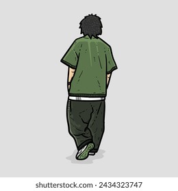 Boy or man or guy facing depression back side with cool style oversize tshirt pants on grey Background vector modern illustration