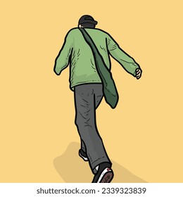 Boy or man or guy walking with his sling bag on Orange Background vector modern illustration