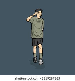 Niño o hombre o hombre Caminando con sonrisa aislado en el fondo azul vector ilustraciones modernas