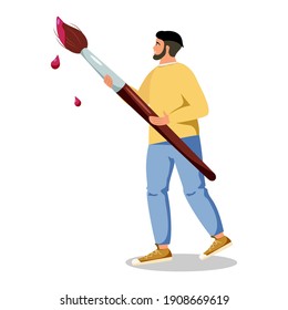 Boy or man holding a paintbrush. Artist concept. Vector illustration isolated on white background.