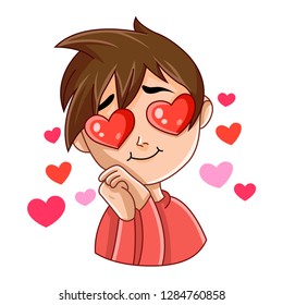 Boy, man with loving eyes.  Fall in love, emoji, facial expression, emotional face. Romantic concept.  Illustration of a Valentine's Day. Vector. Isolated on white background.  