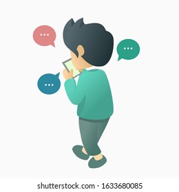 A boy a man a male holding a smartphone or handphone from back view