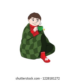 boy (man) in a plaid drinks tea. Vector color illustration