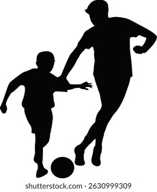 boy and man playing football, silhouette vector