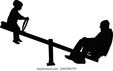 boy and man playing at park, seesaw, silhouette vector