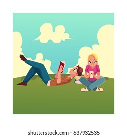Boy, man reading book lying and woman, girl using mobile phone siting crossed legs on the grass, cartoon vector illustration isolated on white background. Man and woman reading book, using smartphone