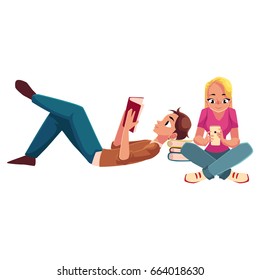 Boy, man reading book lying and woman, girl using mobile phone siting crossed legs on the floor, cartoon vector illustration isolated on white background. Man and woman reading book, using smartphone