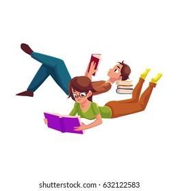 Boy, man reading book and woman in glasses reading book while lying on her stomach, cartoon vector illustration isolated on white background. Man and woman reading book