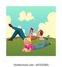 Boy, man reading book and woman playing with smartphone, using mobile phone, lying on her stomach on the grass, cartoon vector illustration isolated on white background. Man and woman reading book