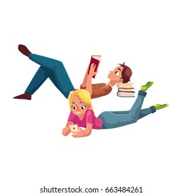 Boy, man reading book and woman playing with smartphone, using mobile phone, lying on her stomach, cartoon vector illustration isolated on white background. Man and woman reading book