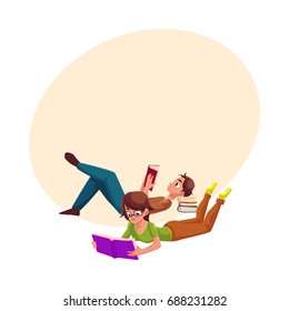 Boy, man reading book and woman in glasses reading book while lying on her stomach, cartoon vector illustration with space for text. Man and woman reading book